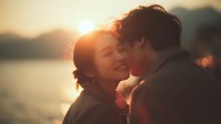 Romantic couple embracing at golden hour sunset by lake with mountains in background, intimate moment of love and connection during warm evening light.