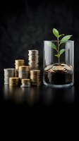 Green plant growing from coins in glass jar beside stacked money representing financial growth, investment success, and wealth building on dark background.