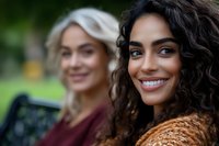 Two diverse young women taking selfie outdoors with smartphone, smiling friends enjoying social media moment together in natural park setting.