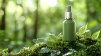 Green glass dropper bottle on moss with fresh leaves and morning dew drops against blurred forest background, natural cosmetic skincare concept.