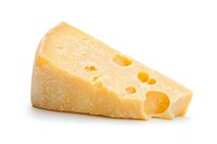 Fresh wedge of aged Swiss cheese with characteristic holes on white background, isolated dairy product for culinary and food packaging designs.