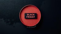 Black label with text on vibrant red circular platform against dark background creates dramatic contrast for seasonal sale and retail promotions.