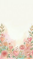 Watercolor floral border with pink roses, hearts, and botanical leaves on cream background, isolated design for wedding invitations, greeting cards, and romantic stationery projects.