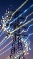 Electric power transmission tower at night with glowing neon light trails and bokeh effects, symbolizing energy flow and smart grid technology.