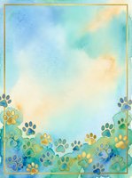 Watercolor background with paw prints border in blue, gold, and green tones. Isolated design on white space, ready for pet-related projects, invitations, cards, and animal-themed graphics.