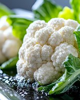Fresh cauliflower head with water drops on dark background surrounded by green leaves, macro food photography showing vegetable texture and details.