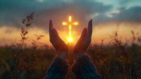 Silhouetted hands holding glowing cross against dramatic sunset sky in meadow, spiritual concept representing faith, hope and divine connection in nature setting.