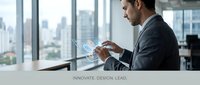 Male professional in dark business suit holding tablet with digital holographic globe interface in modern high-rise office with city skyline view, representing global technology, innovation, and business solutions.