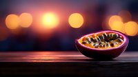 Fresh cut passion fruit on wooden surface against blurred bokeh lights background during sunset, creating moody atmospheric composition.