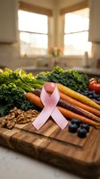 Pink ribbon with fresh organic vegetables on wooden cutting board in bright kitchen promoting cancer awareness and healthy nutrition lifestyle.