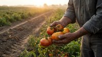 Farmer hands holding fresh organic tomatoes at sunset in agricultural field with rows of crops during harvest season.