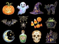 Watercolor Halloween clipart set with pumpkin, ghost, witch hat, black cat, bat, spider, candy, cauldron, moon, potion, skull, haunted house, isolated on transparent background for stickers, T-shirts.
