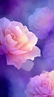 Delicate pink roses bloom against deep purple background, creating dreamy romantic atmosphere with soft petals and ethereal lighting effects, suitable for wedding designs.