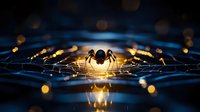 Spider silhouette on glowing web with golden lights and bokeh effects against dark blue background for Halloween or nature themes.