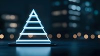 Glowing neon triangle pyramid shape with blue light effect against dark urban background with bokeh lights, modern minimalist design element for technology concepts.