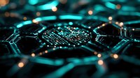 Futuristic technology background with glowing turquoise hexagonal pattern and bokeh lights creating depth and perspective. Abstract network concept for digital innovation.