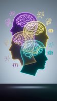 Neon glowing human head silhouettes with brain anatomy in vibrant colors showing mental health, psychology, neuroscience and cognitive development concepts.