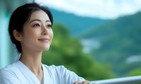 Young Asian woman in white shirt smiling peacefully while looking up at mountain landscape with hopeful expression, natural outdoor setting with blurred green background.