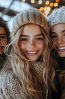 Happy young women in cozy knit sweaters and beanies smiling together with warm bokeh lights creating festive winter atmosphere for holiday celebrations.