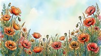 Watercolor poppy flowers frame with soft pastel sky background, botanical border design for spring greeting cards, wedding invitations and decorative projects.