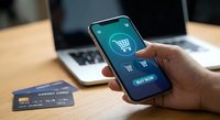 Mobile shopping app interface on smartphone with buy now button, credit card and laptop on wooden desk for online retail and ecommerce purchases.