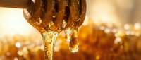 Golden honey dripping from wooden dipper with warm sunlight creating natural amber glow for organic food packaging and healthy lifestyle content.