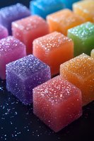 Colorful sugar-coated jelly candy cubes arranged in rows on dark background. Vibrant assortment of purple, pink, orange, and green gummy sweets with crystalline texture.