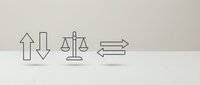 Minimalist line icons showing arrows, justice scales and directional symbols on neutral background for business presentations and legal concepts.
