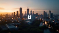 Digital security concept with glowing padlock icon over blurred cityscape at sunset, highlighting cybersecurity and data protection in urban environment.