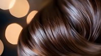 Silky smooth brown hair close-up with soft bokeh lights in background, showing healthy shine and natural wave pattern for beauty and haircare concepts.