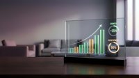 Holographic business chart displaying upward growth trend with colorful bars and percentage indicators on modern office desk for financial presentations.