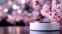 Luxurious white cosmetic cream jar with gold trim against blurred pink cherry blossoms background, creating elegant spa atmosphere with soft bokeh lights.