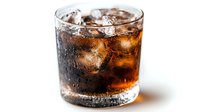Cold cola drink with ice cubes in glass on white background. Refreshing carbonated beverage with bubbles. Isolated soft drink for summer thirst.