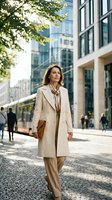 Professional middle-aged Caucasian businesswoman in beige coat walking confidently through modern urban business district with glass buildings and trees.