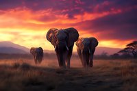 African elephants walking through savanna grassland at dramatic sunset with vibrant orange and purple sky, silhouetted mountains in background, misty atmosphere.