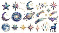 Celestial night sky elements including moons, stars, planets, and deer isolated on white background, ready for design projects, invitations, and creative compositions.