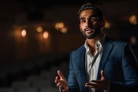 Confident South Asian businessman gesturing while speaking at conference, illuminated by dramatic lighting against dark auditorium background.
