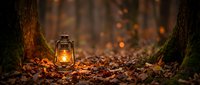 Vintage lantern glowing warmly among autumn leaves between moss-covered tree trunks in atmospheric forest setting for cozy seasonal camping adventures.