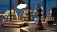 Chess piece on desk with city skyline view at night, representing strategy, business planning, leadership and corporate decision making in modern office.