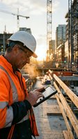 Construction worker in safety gear using tablet at urban building site during golden hour sunset for project management and digital workflow.