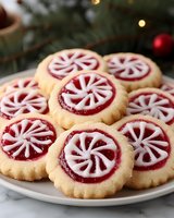 Festive peppermint swirl cookies with red jam centers and white icing arranged on plate for holiday baking and Christmas celebration dessert treats.
