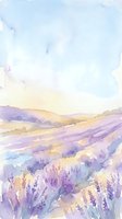 Watercolor lavender field landscape with purple flowers and rolling hills under soft pastel sky for relaxation and wellness designs.