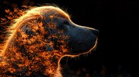 Side profile of a dog illuminated by golden light against dark background, with glowing outline and ethereal floral elements creating magical atmospheric effect.