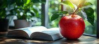 Fresh red apple with green leaves resting on open book pages against blurred window background with natural sunlight and bokeh effect.