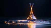 Elegant glass decanter with glowing golden light trails swirling around base creating luminous circular patterns against dark background, dramatic lighting effect.