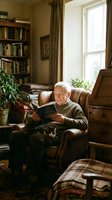 Senior Caucasian man reading book in cozy home library with leather armchair, bookshelves and warm natural light creating peaceful retirement lifestyle atmosphere.