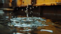 Water drop splash creating crown-shaped formation with floating droplets against dark background with golden bokeh lights, captured in high-speed macro photography.