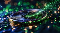 Glowing cryptocurrency coin with green and blue sparkles on dark background. Digital money concept with magical light effects and bokeh for finance designs.