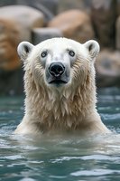 Majestic polar bear swimming in clear water with wet fur and intense gaze. Wildlife photography showcasing Arctic predator in natural aquatic habitat.