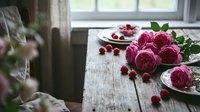 Magenta peonies and raspberries arranged on weathered wooden table near window with natural light, suitable for lifestyle, food, and floral design projects.
